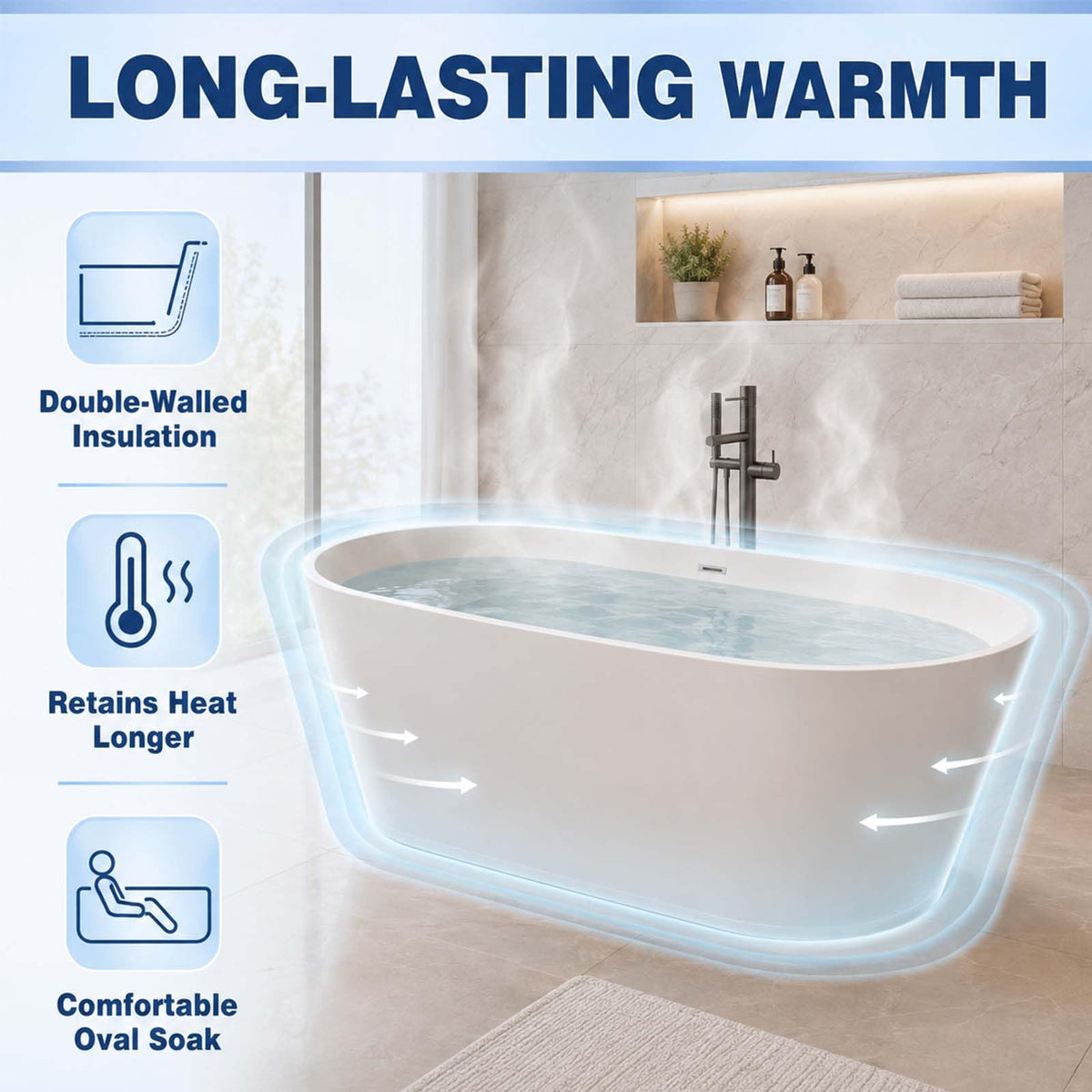 55" Oval Acrylic Free Standing Tub with 8-Layer Insulation (Gloss White)