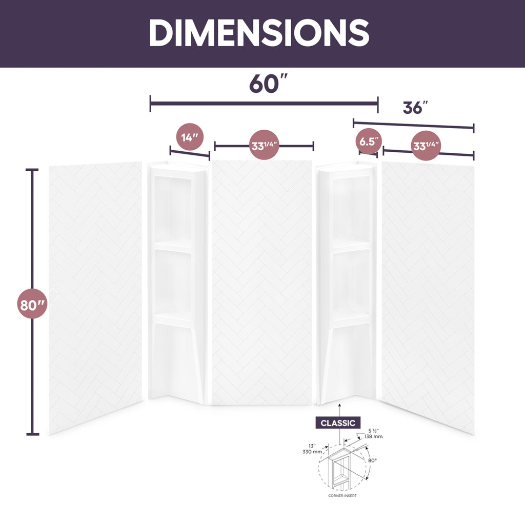 White Acrylic Tub Wall Surround D32 x W60 x H58 - Stacked Tiles Pattern