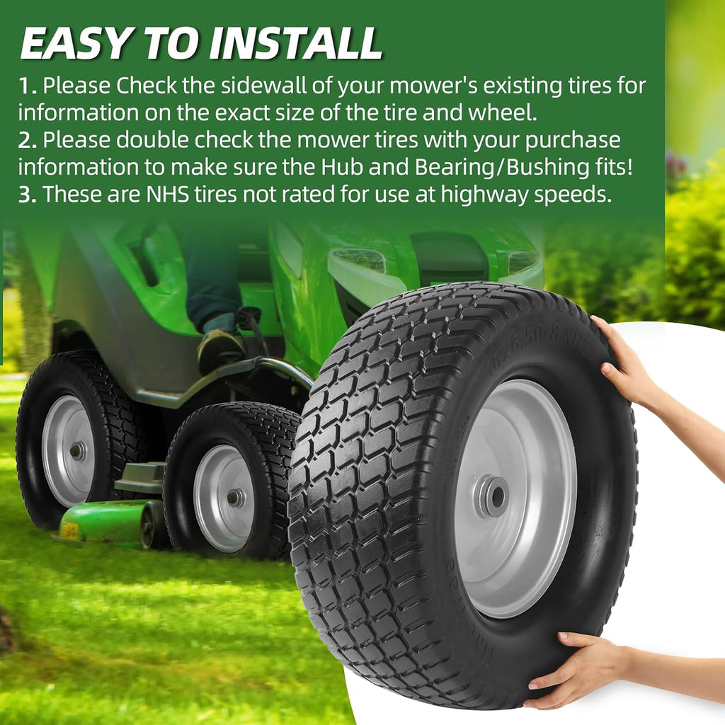 AR-PRO (2-Pack) 16x6.50-8 Flat-Free Tire and Wheel Assemblies, Relacement 16x6.5-8 Solid Turf Tire with Rim for Garden Tractor Riding Lawn Mowers, 3" Offset Hub and 3/4" Bushings