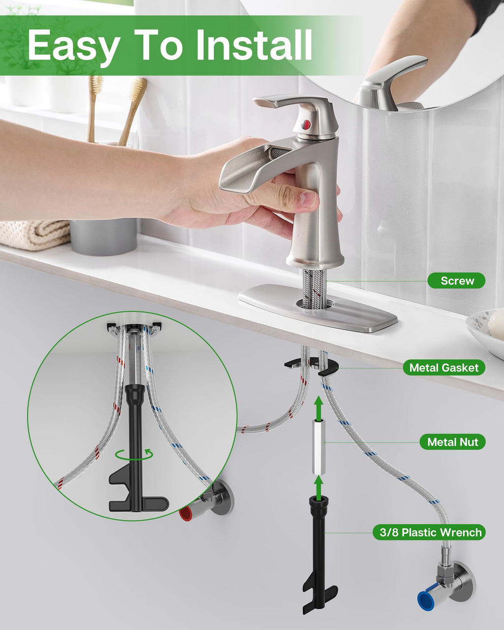 Fapully Brushed Nickel Bathroom Faucet 3 Hole, Waterfall 8 Inch Widespread Bathroom Sink Faucet with Pop-up Drain, Two-Handle Faucet for Bathroom Sink