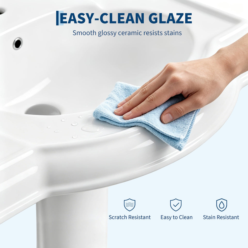 Garvee White Ceramic Pedestal Bathroom Sink, Single Hole Freestanding Basin