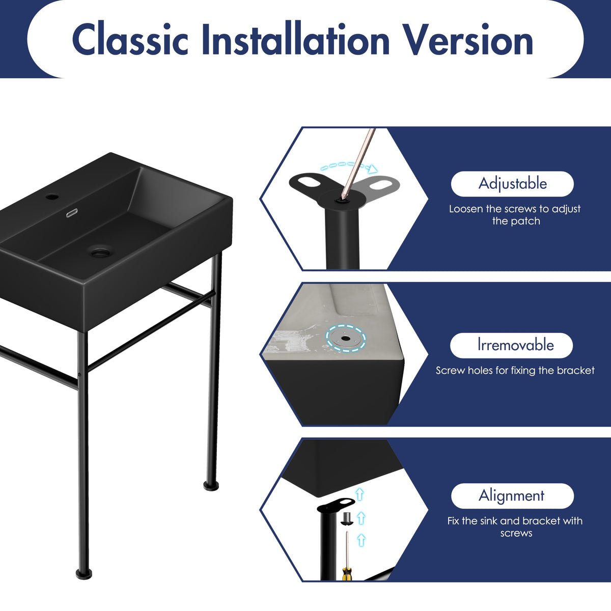 Eridanus 24"x16" Console Bathroom Sink, Free Standing 30 Inch Stainless Steel Support Pedestal Legs, Wall Mount White Vessel Ceramic Vanity Basin, Modern Rectangular Sinks Porcelain, Matte Black
