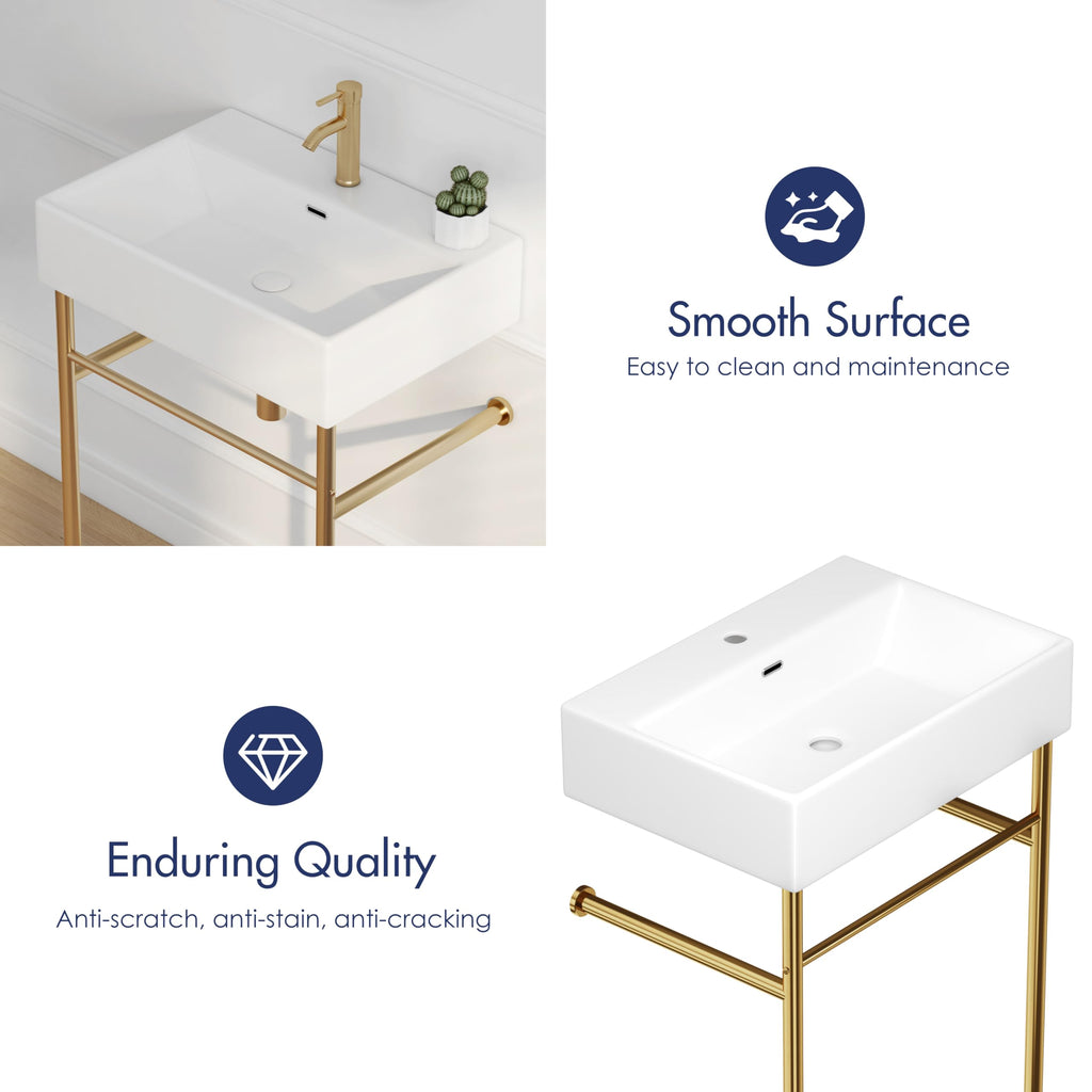 Eridanus 24"x16" Console Bathroom Sink, Free Standing 30 Inch Stainless Steel Support Pedestal Legs, Wall Mount White Vessel Ceramic Vanity Basin, Modern Rectangular Sinks Porcelain, Matte Black