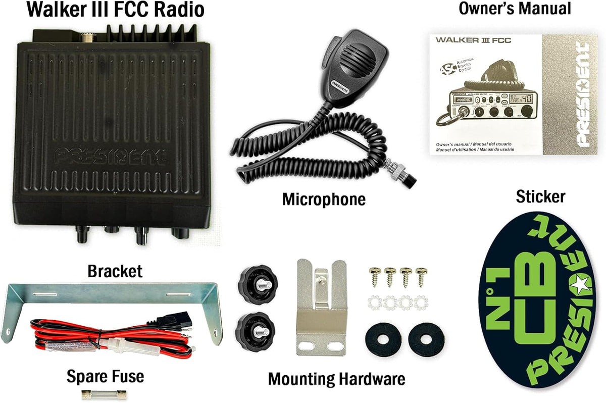 President Walker III FCC AM/FM 40 Channels CB Radio, 7color LCD Display, Weather Channel/Alert, ASC, VOX, Scan Skip, USB Port, Automatic SWR, RF & Mic Gain, ANL/NB, Dimmer, Key/Roger Beep