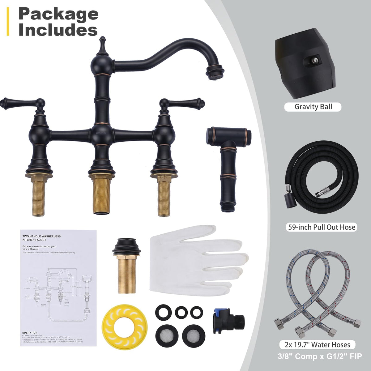 WOWOW Brass Bridge Kitchen Faucet 4 Hole with Side Sprayer, Brushed Gold