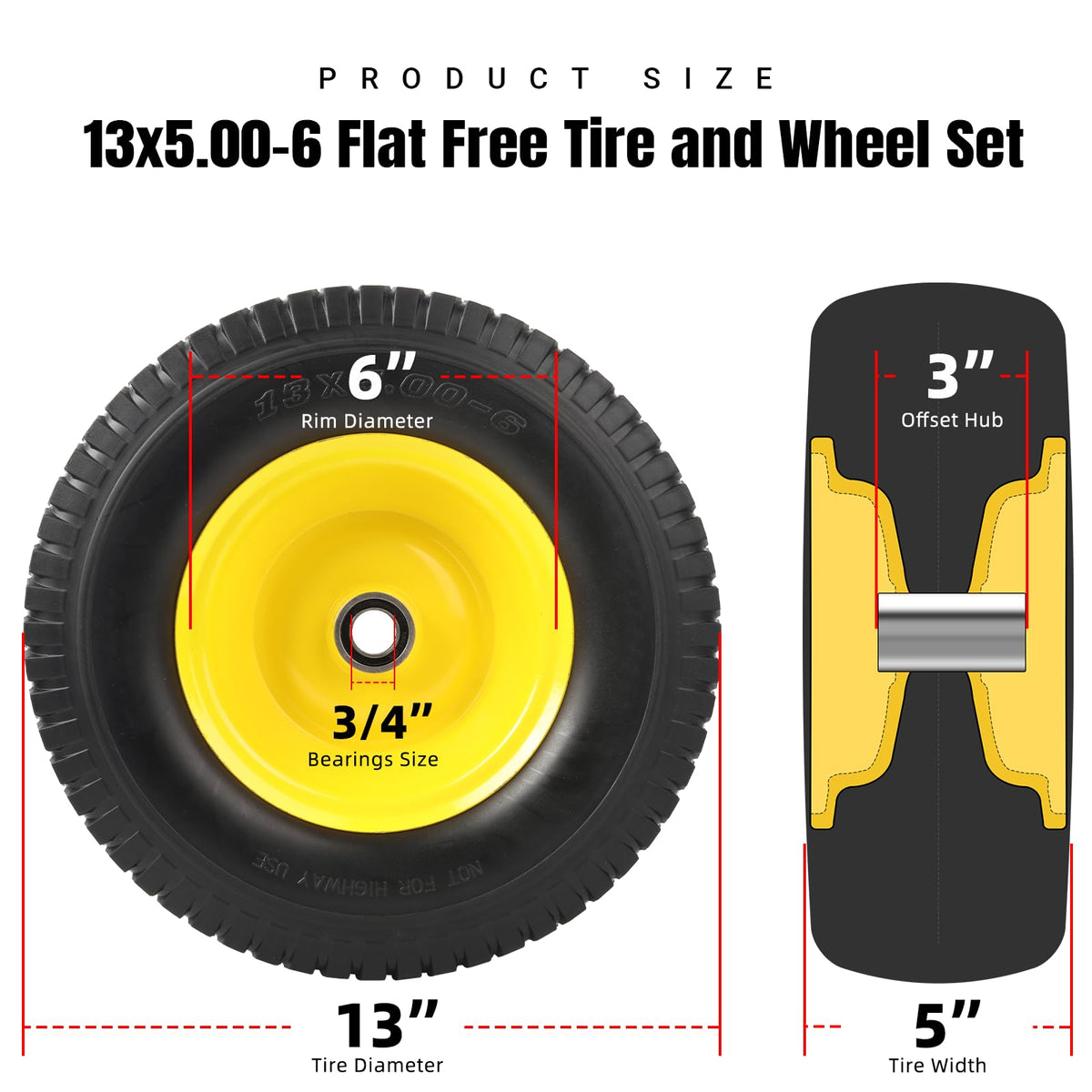 AR-PRO (2-Pack) 16x6.50-8 Flat-Free Tire and Wheel Assemblies, Relacement 16x6.5-8 Solid Turf Tire with Rim for Garden Tractor Riding Lawn Mowers, 3" Offset Hub and 3/4" Bushings