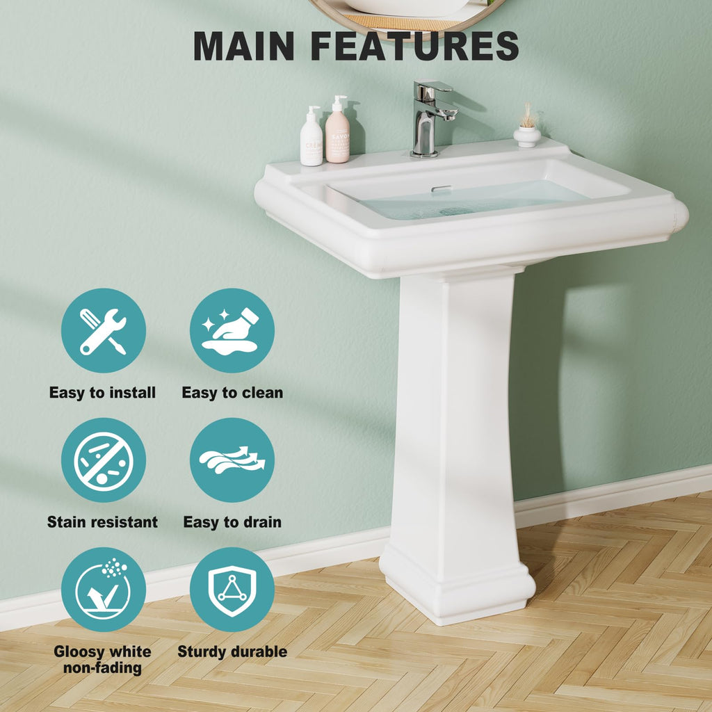 26" W X 20" D Bathroom Pedestal Sink, Rectangular White Ceramic Vanity Sink with Overflow and 3 Pre-Drilled Holes - Fits 8-Inch Faucets,Freestanding Restroom Sink Combo for Small Spaces