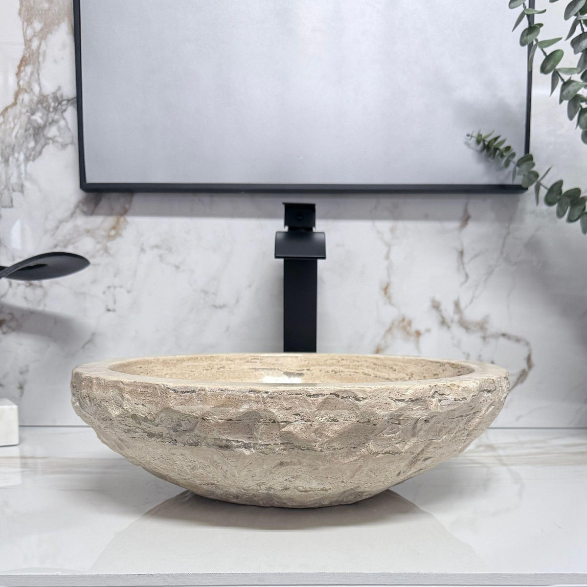 Oval Travertine Vessel Sink â Natural Stone Wash Basin, Hand-Carved Bathroom Sink with Chiseled Exterior & Polished Interior, Above Counter Vanity Basin (Includes Matching Soap Tray)