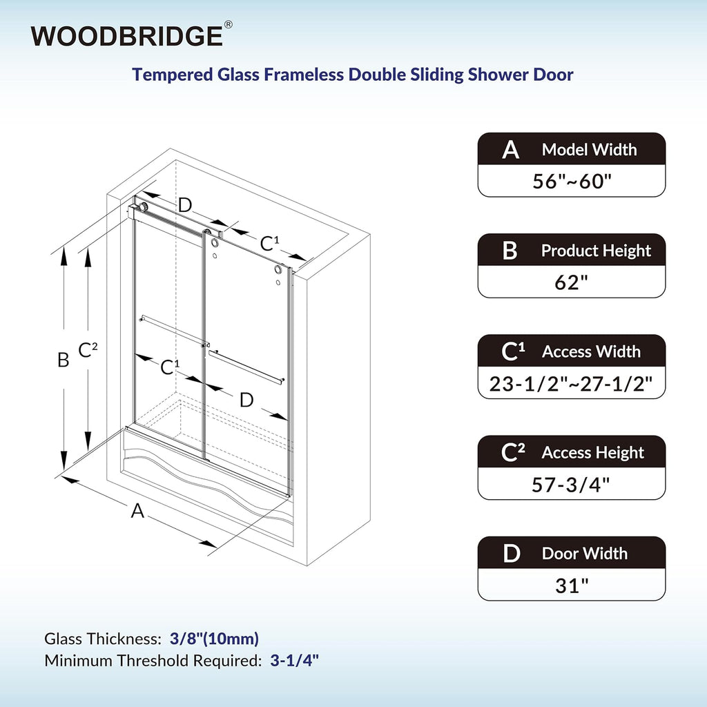 Woodbridge 56-60" W x 62" H Frameless Bathtub Shower Door,Double Sliding Soft-Close Doors,3/8(10mm) Tempered Glass with Explosion Proof Film in Brushed Bronze Finish