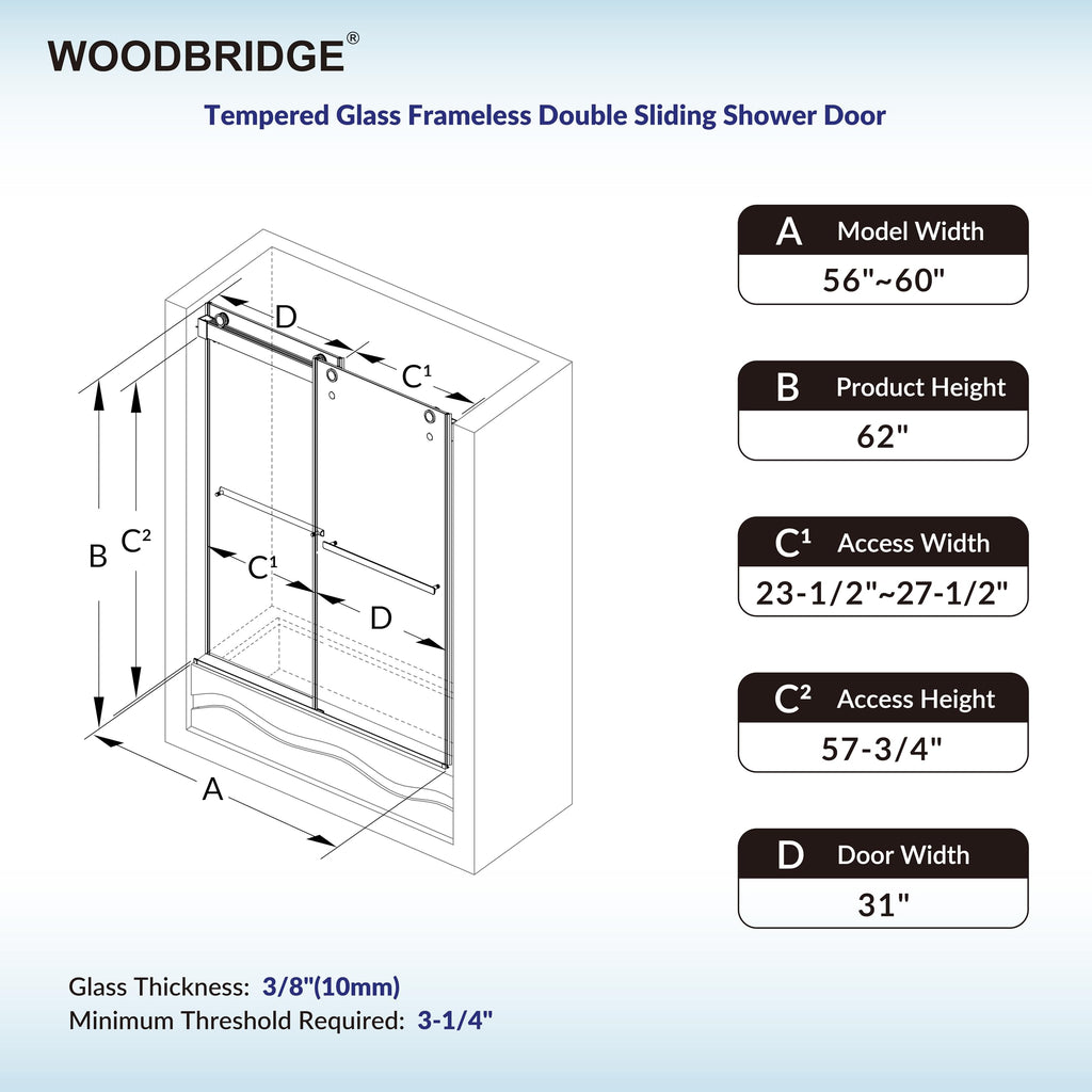 Woodbridge 56-60" W x 62" H Frameless Bathtub Shower Door,Double Sliding Soft-Close Doors,3/8(10mm) Tempered Glass with Explosion Proof Film in Brushed Bronze Finish