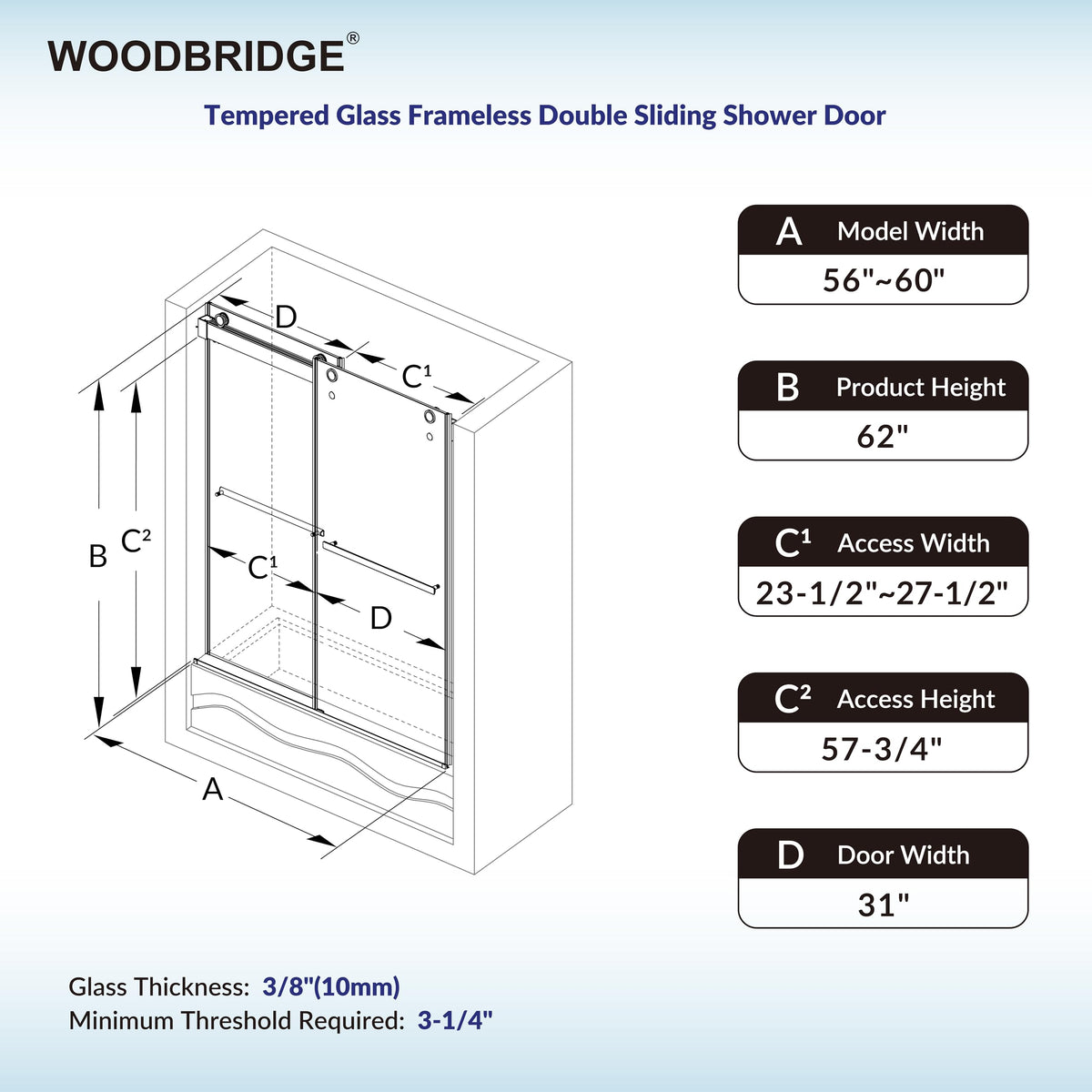Woodbridge 56-60" W x 62" H Frameless Bathtub Shower Door,Double Sliding Soft-Close Doors,3/8(10mm) Tempered Glass with Explosion Proof Film in Brushed Bronze Finish