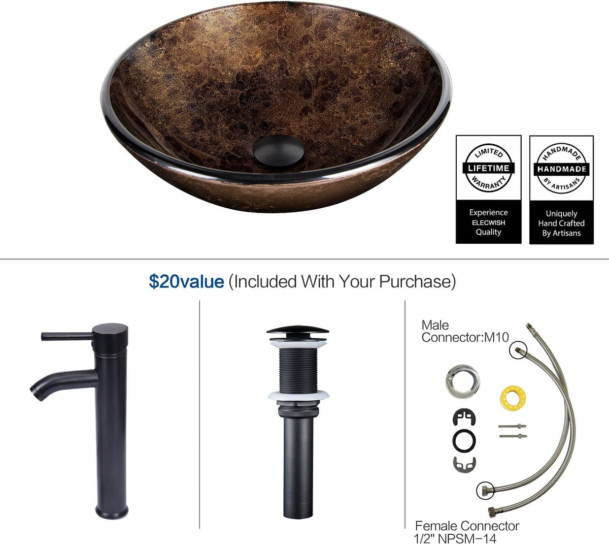 YOURLITE Bathroom Artistic Vessel Sink, Tempered Glass Countertop Bowl Sink