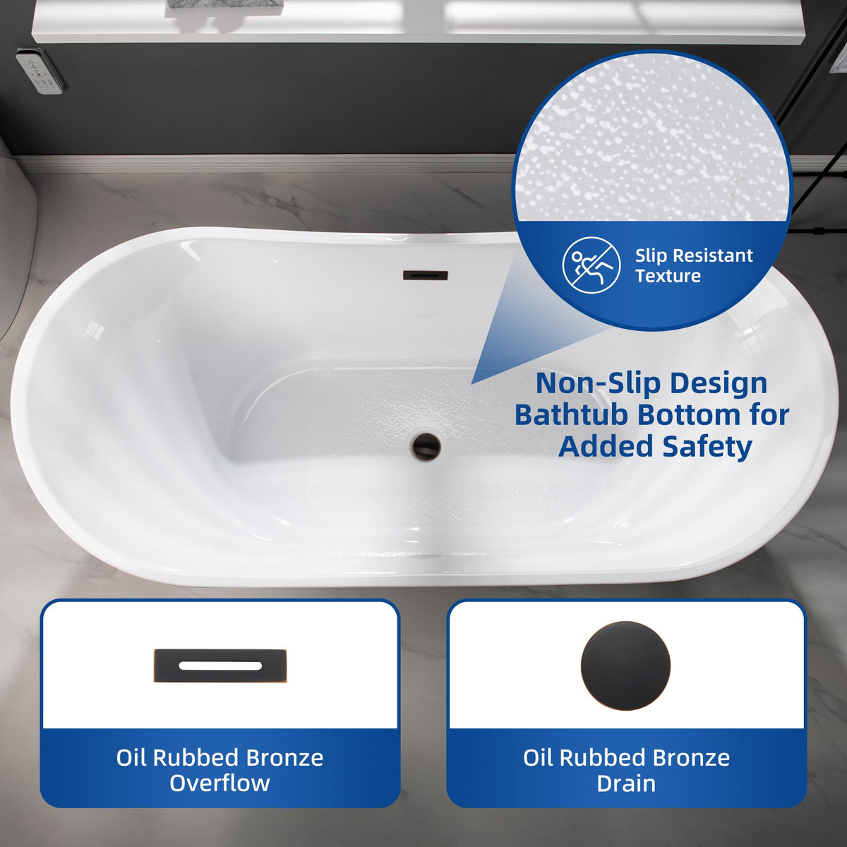 WOODBRIDGE 71"Freestanding White Acylic Soaking Bathtub with Brushed Nickel Drain and Overflow,B0017-BN