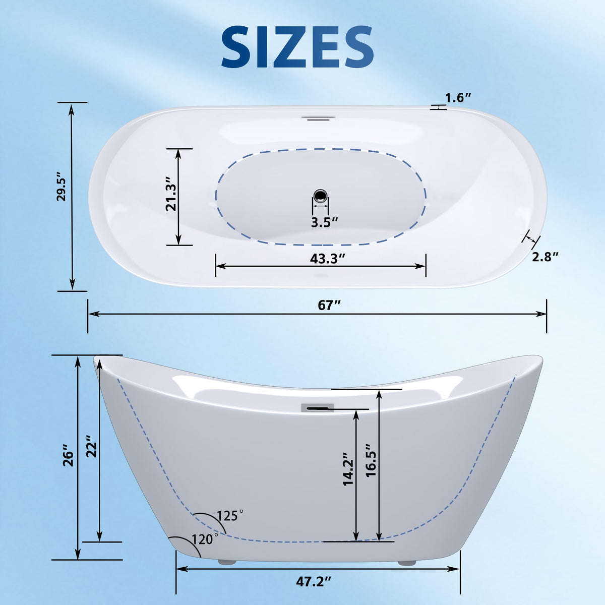 GDFStudio 67" Acrylic Freestanding Bathtub with Diamond Pattern, Modern Oval Soaking Tub, Freestanding Bath Spa Tub, Brushed Nickel Overflow & Pop-Up Drain, cUPC Certified, Glossy White