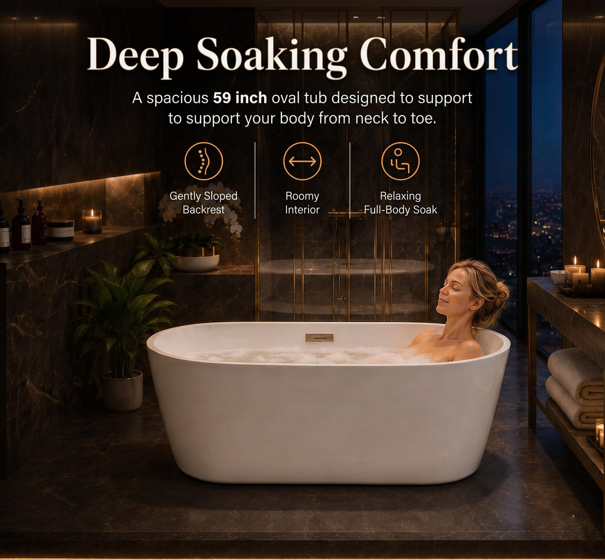 Freestanding Bathtub 59 inch Acrylic Free Standing Tub 59 Inch, Free Standing Tub with Chrome Drain & Overflow, Ergonomic Stand Alone Tub for Small Bathroom or Home Spa
