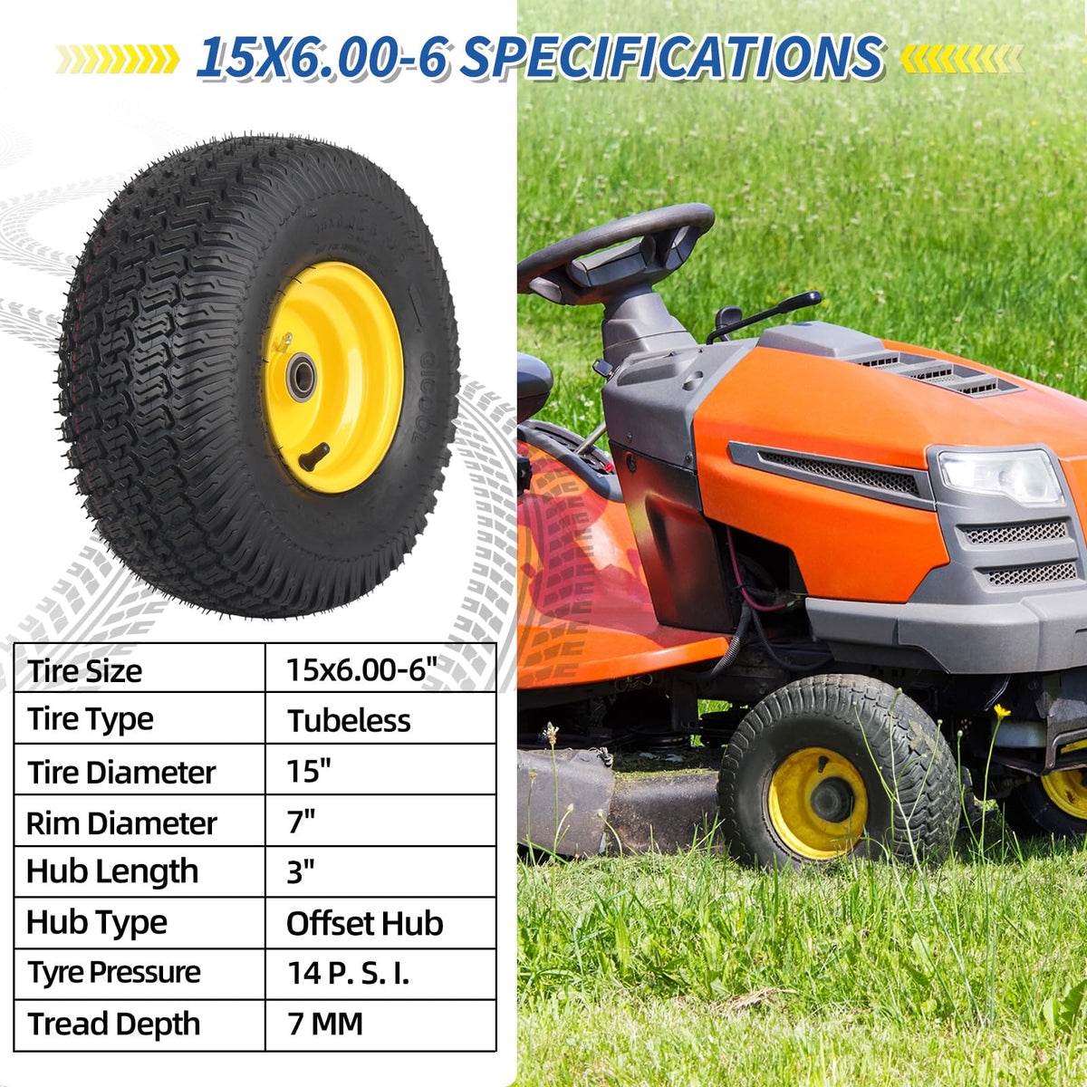 GICOOL 20x10.00-8 Lawn Mower Tire and Wheel, 3/4" Borehole, and 3/16" Keyway, 3.5" Offset Hub, 4 Ply Tubeless Tire, Replacement 20x10-8nhs Riding Lawn Mower and Tractor Rear Tire and Wheel Assemblies