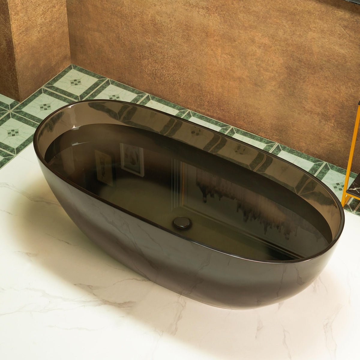 WOODBRIDGE 59" Stone Resin Freestanding Soaking Tub, Modern Oval Solid Surface Bathtub with Integrated Slotted Overflow & Drain, Matte White, B0055