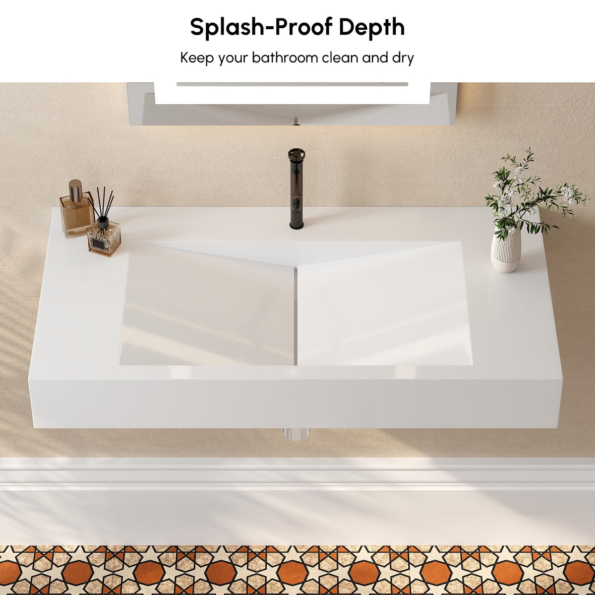 47'' Bathroom Vessel Sink Double-Bowl Bathroom Sink Wall Mounted Trough Floating Sink in Matte White