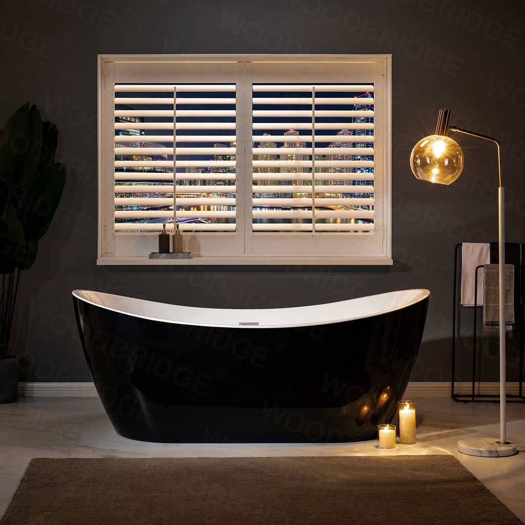 WOODBRIDGE 71" Acrylic Freestanding Bathtub Contemporary Soaking Tub , White Acrylic ( Matte Black Drain/Overflow),B0017 MB Drain &O