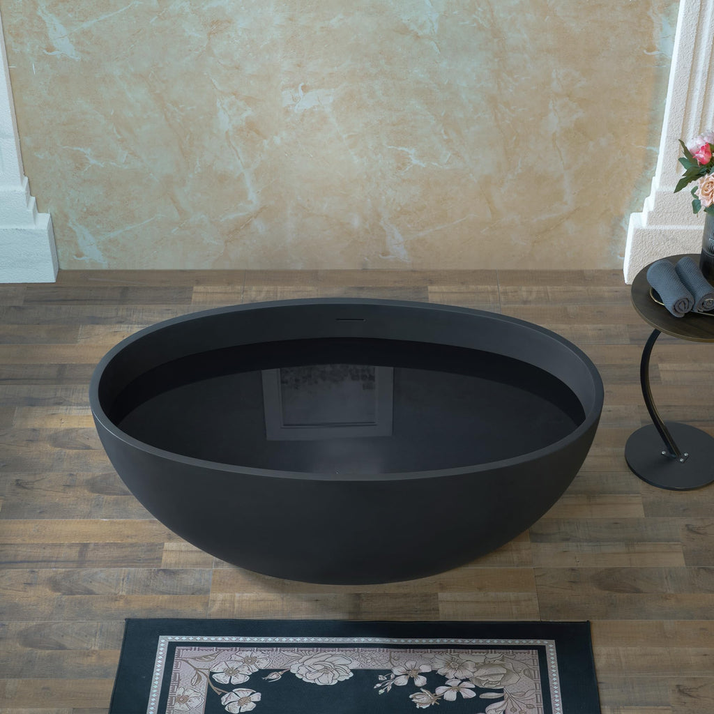 WOODBRIDGE 61" Stone Resin Freestanding Soaking Tub, Modern Oval Solid Surface Bathtub with Integrated Slotted Overflow & Drain, Matte White
