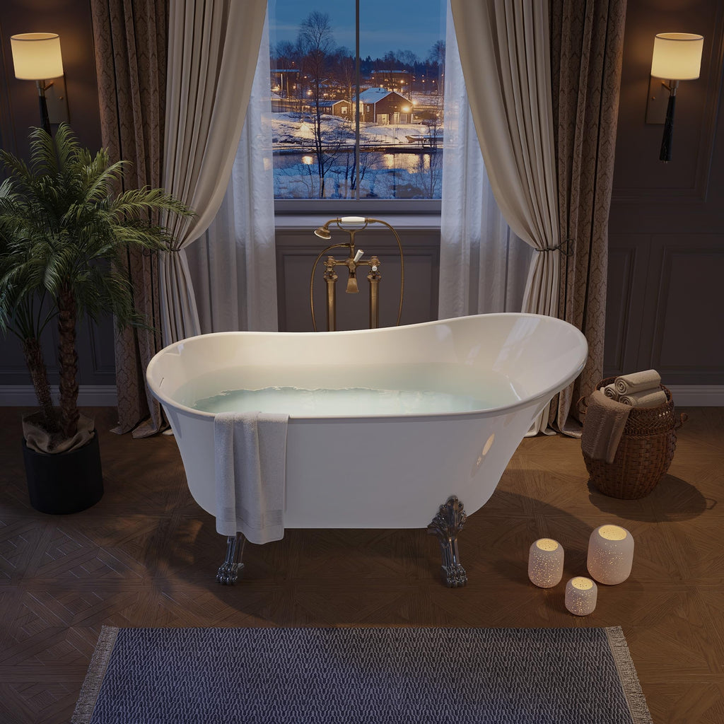 59 Inch Freestanding Bathtubs, White Acrylic Free Standing Bathtub, Modern Soaking Tub with Integrated Overflow & Chrome Drain for Bathroom Remodel