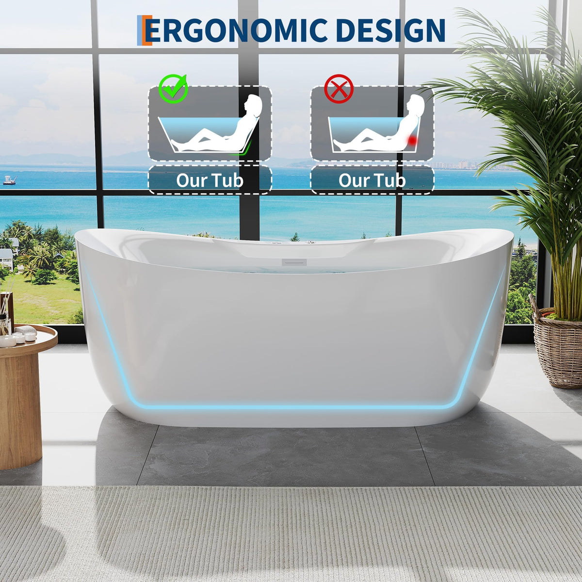 59" Acrylic Freestanding Bathtub, Contemporary Stand Alone Soaking Tub with Ergonomic Design, Integrated Overflow and Chrome Drain, cUPC Certified Free Standing Tub for Bathroom Renovation, Home Spa