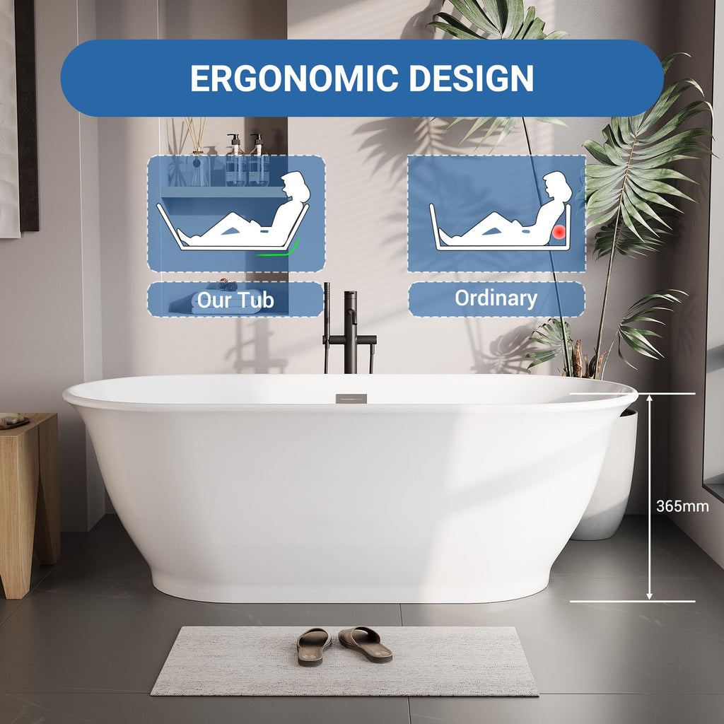 59 Inch Freestanding Bathtubs, White Acrylic Free Standing Bathtub, Modern Soaking Tub with Integrated Overflow & Chrome Drain for Bathroom Remodel