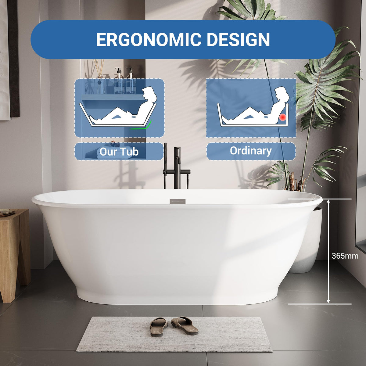 59 Inch Freestanding Bathtubs, White Acrylic Free Standing Bathtub, Modern Soaking Tub with Integrated Overflow & Chrome Drain for Bathroom Remodel