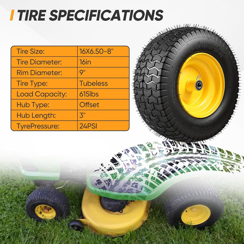 16x6.50-8 Tubeless Tire and Wheel, 16x6.5-8" Lawn Mower Tires, 3/4" or 5/8" Bearing, 3"-4.5" Offset Hub, Fit Riding Mower and Garden Tractor Front Wheels, 4 Ply, Turf Pattern, 2 Pack