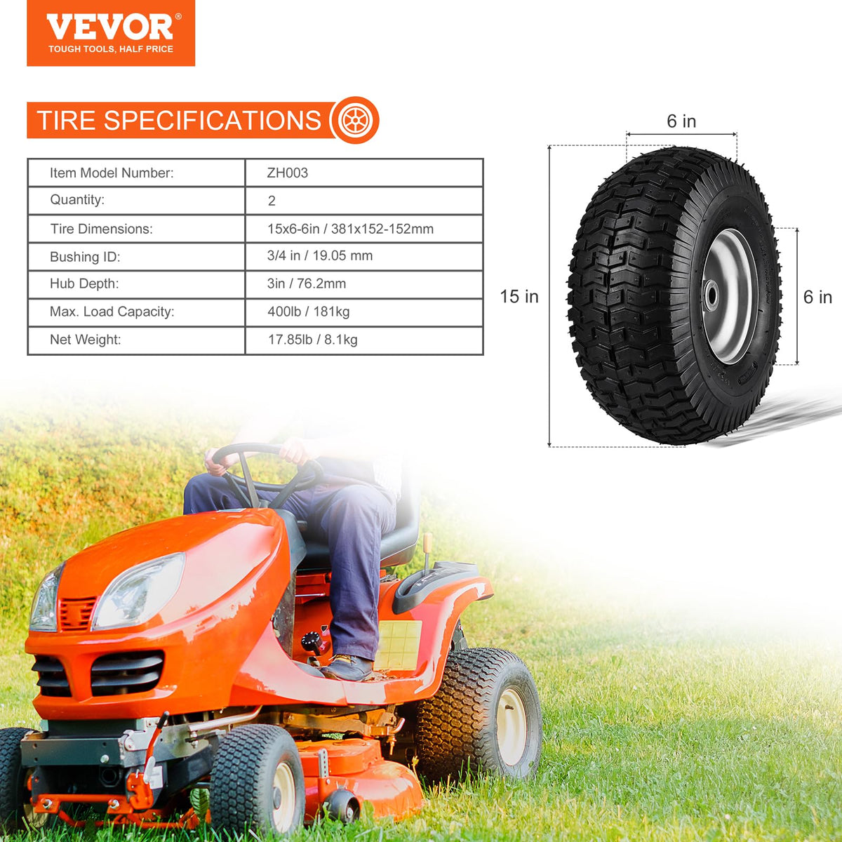 VEVOR Lawn Mower Tires with Rim, 20x8-8" Tubeless Tractor Tires, 2-Pack Tire and Wheel Assembly, S-Turf Pneumatic Tires with 3.5" Offset Hub and 3/4" Bushing Size, for Riding Mowers Lawn Tractors