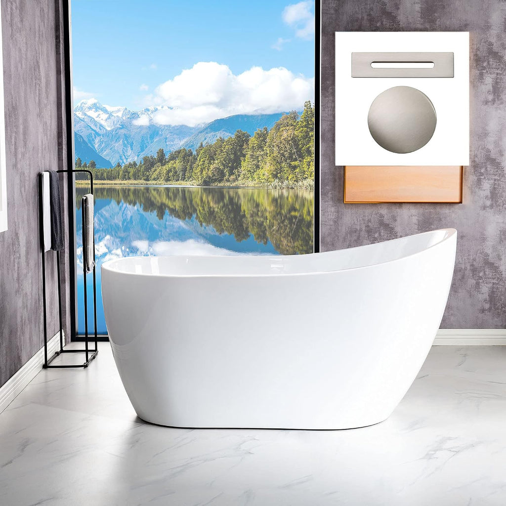 WOODBRIDGE 54"Freestanding White Acylic Soaking Bathtub with Brushed Nickel Drain and Overflow,BTA1507 -B/N-Drain &O