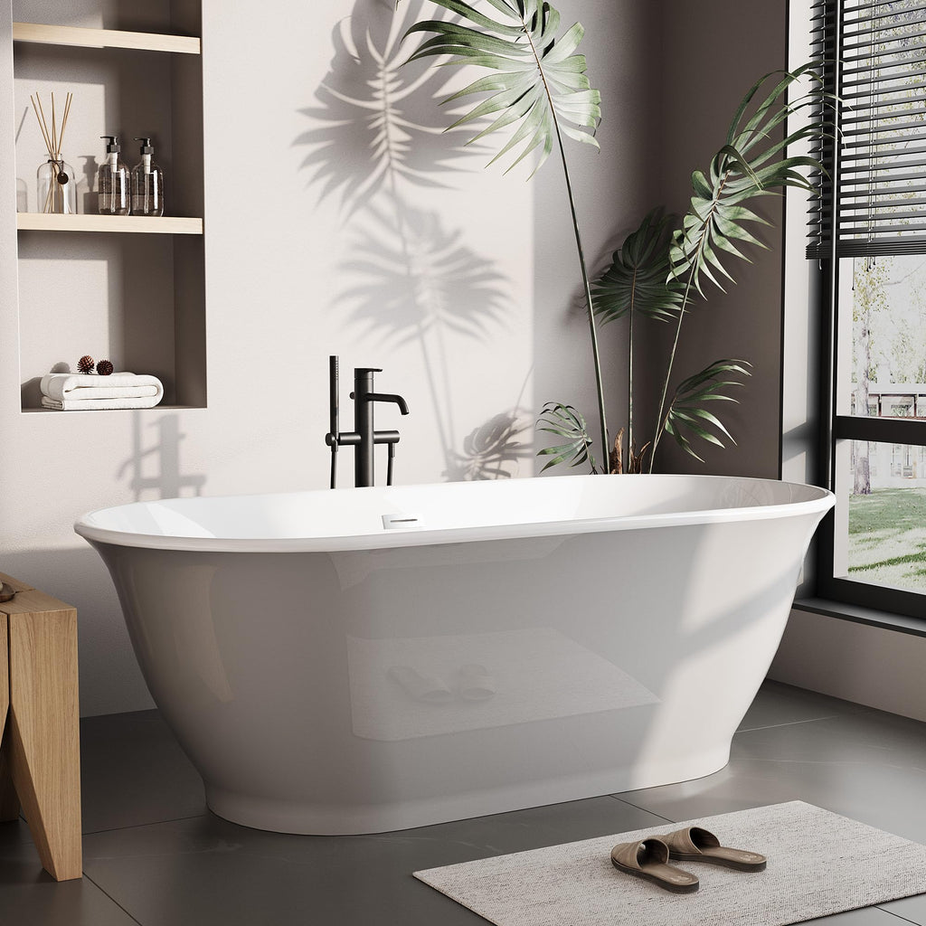 59 Inch Freestanding Bathtubs, White Acrylic Free Standing Bathtub, Modern Soaking Tub with Integrated Overflow & Chrome Drain for Bathroom Remodel