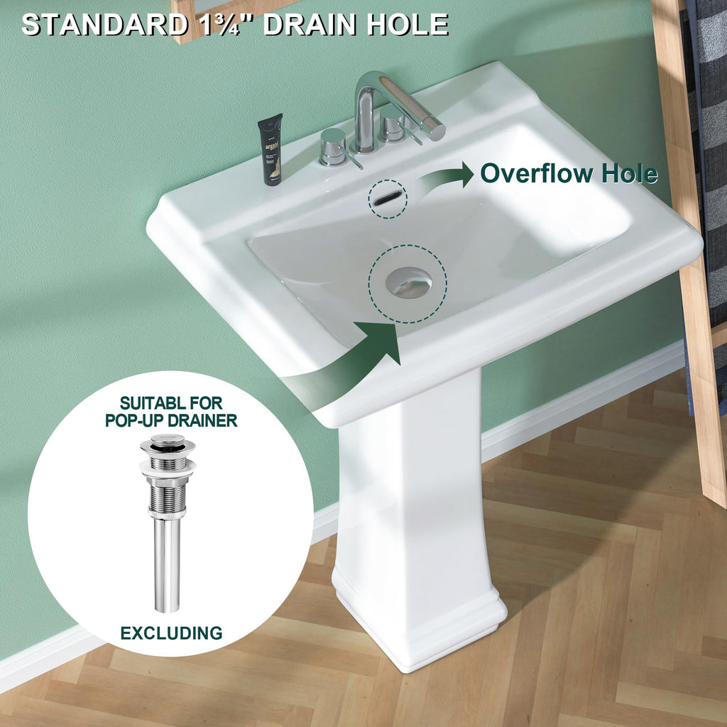 Miuara Freestanding 23 x19 Inch White Pedestal Sink 3 Hole for Bathroom