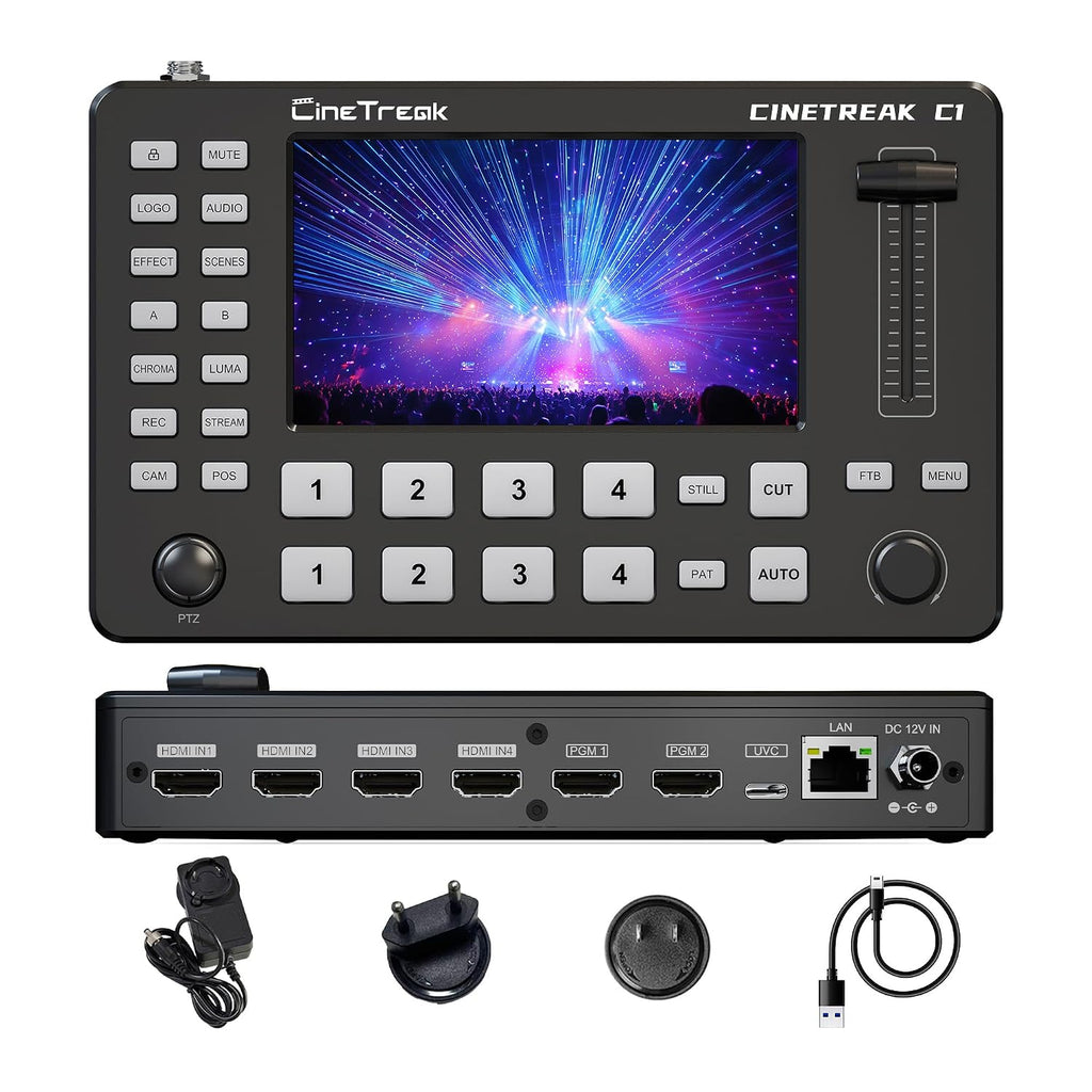 CINETREAK C1 4*HDMI Video Mixer Switcher with 5inch Screen livestream Video Mixer H.264 Recorder with PTZ Camera Control Broadcast switcher Live Production Mixer for OBS,Vmix,YouTube,Ins