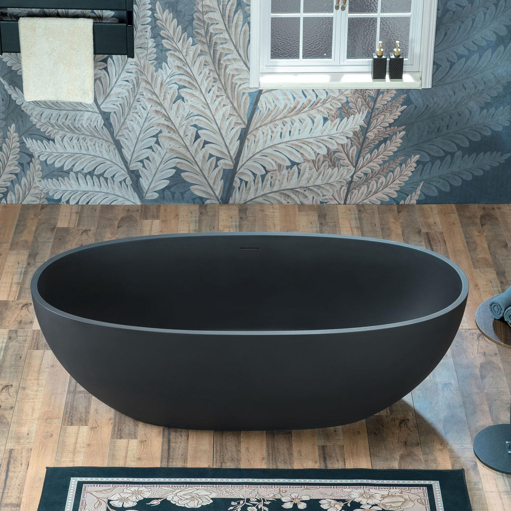 WOODBRIDGE 61" Stone Resin Freestanding Soaking Tub, Modern Oval Solid Surface Bathtub with Integrated Slotted Overflow & Drain, Matte White