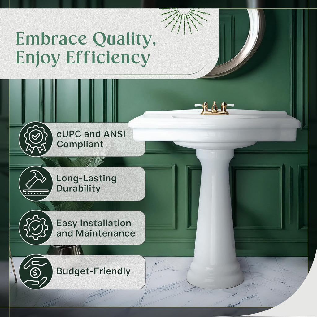 Renovators Supply Manufacturing Ondine Space Saving 16" W x 33" H x 14.5" Proj. Small Bathroom Pedestal Sink, Vitreous China, with Overflow, Compatible with 4 in. Centerset Faucets
