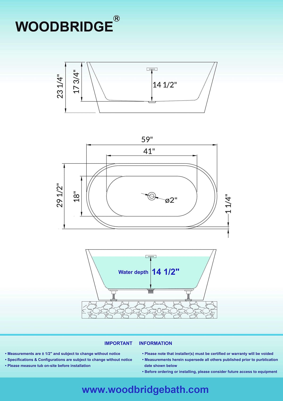 WOODBRIDGE 54" Acrylic Freestanding Bathtub Contemporary Soaking White Tub with Matte Black Overflow and Drain,BTA1702-MB