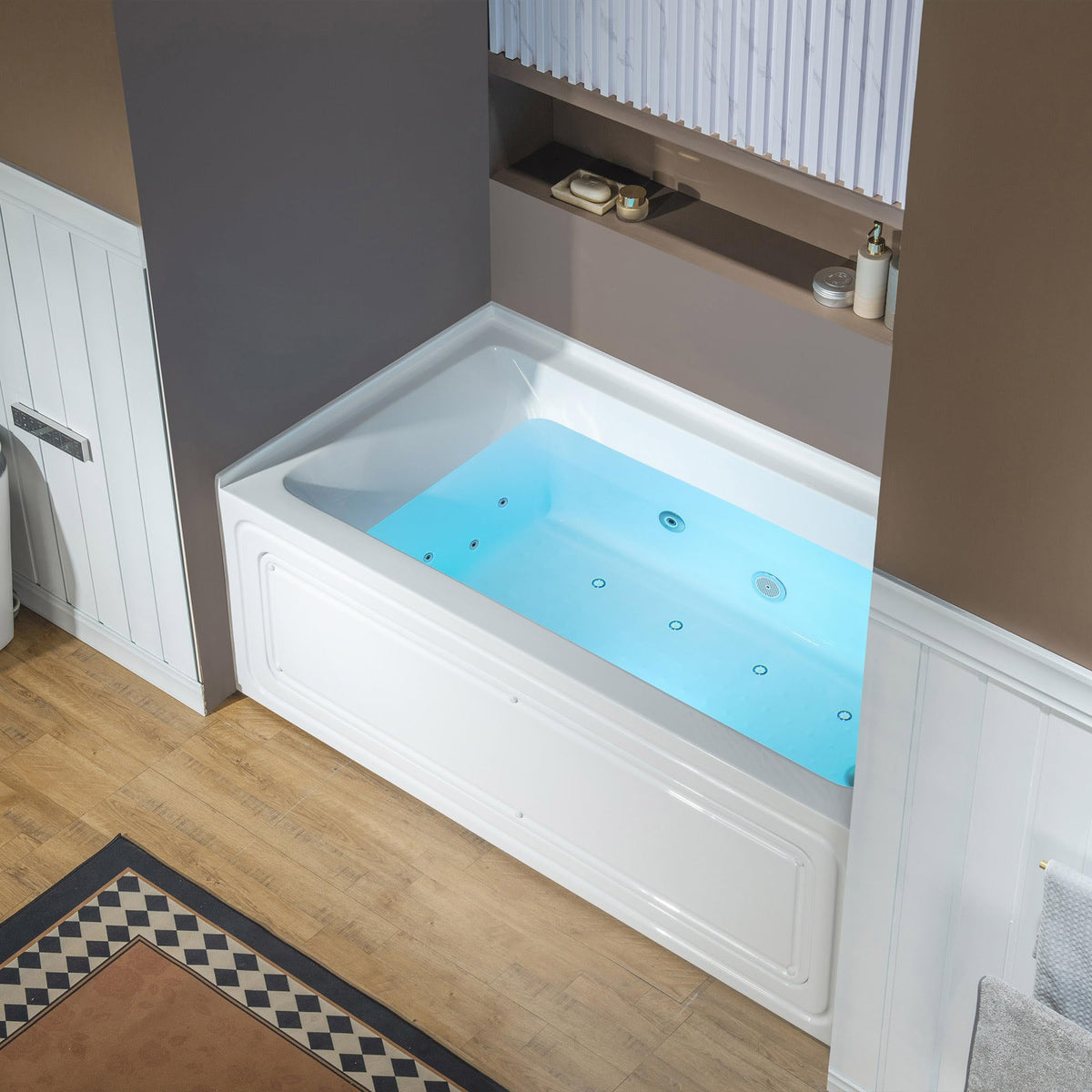 WOODBRIDGE 60" x 32" Alcove Acrylic Rectangular Whirlpool and Air Heated Tub in White with right Drain, Matte Black Finish Trim and Drain Kit Included, DF631-R-MB02