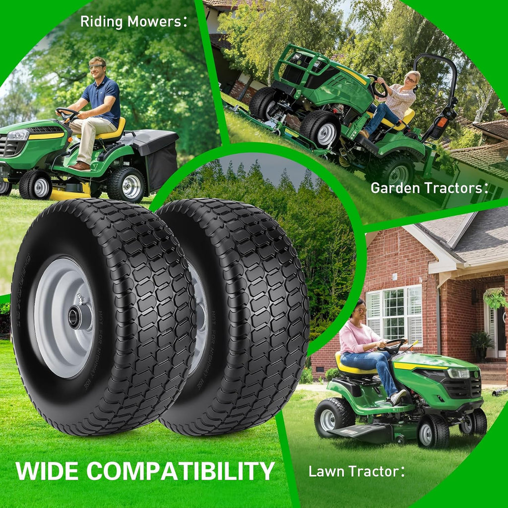 2pcs 15x6.00-6 Flat Free Tire And Wheel, 15x6-6 NHS Lawn Mower Tire
