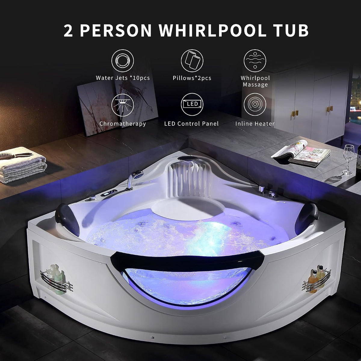 Empava 59" Corner Jetted Bathtub - 2 Person Whirlpool Tub with Heater
