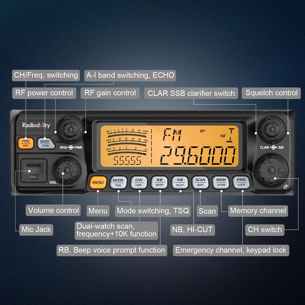 Radioddity QT60 Pro 10 Meter Mobile Ham Radio SSB/AM/FM/PA 60W, NOAA Alert