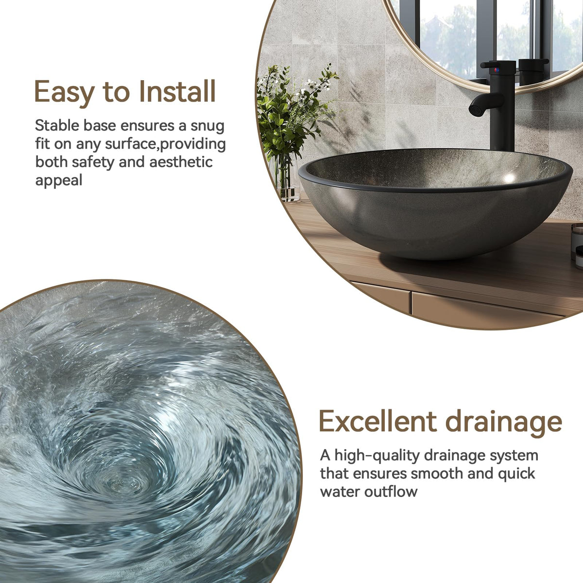 YOURLITE Bathroom Artistic Vessel Sink, Tempered Glass Countertop Bowl Sink