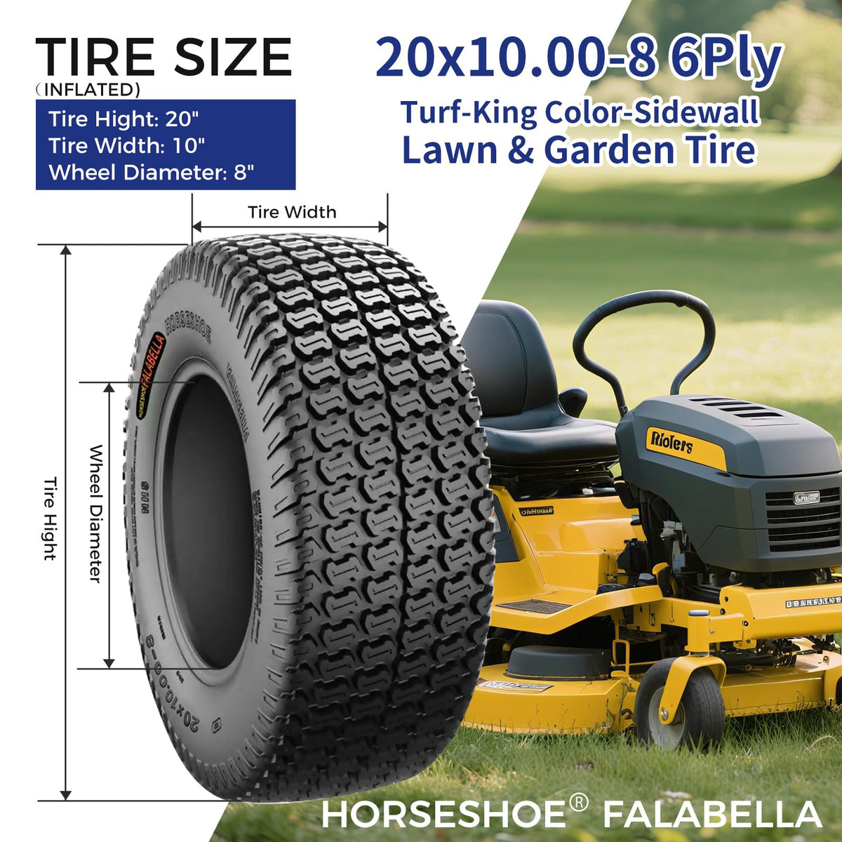 HORSESHOE FALABELLA (2-Pcs) 24X9.50-12 6-PLY LRC Lawn Mower 24x9.5x12 Riding Machine Golf Carts 24x9.5-12 Turf Equipment & Tractors Tires, Heavy Duty Turf-King, Color Sidewall