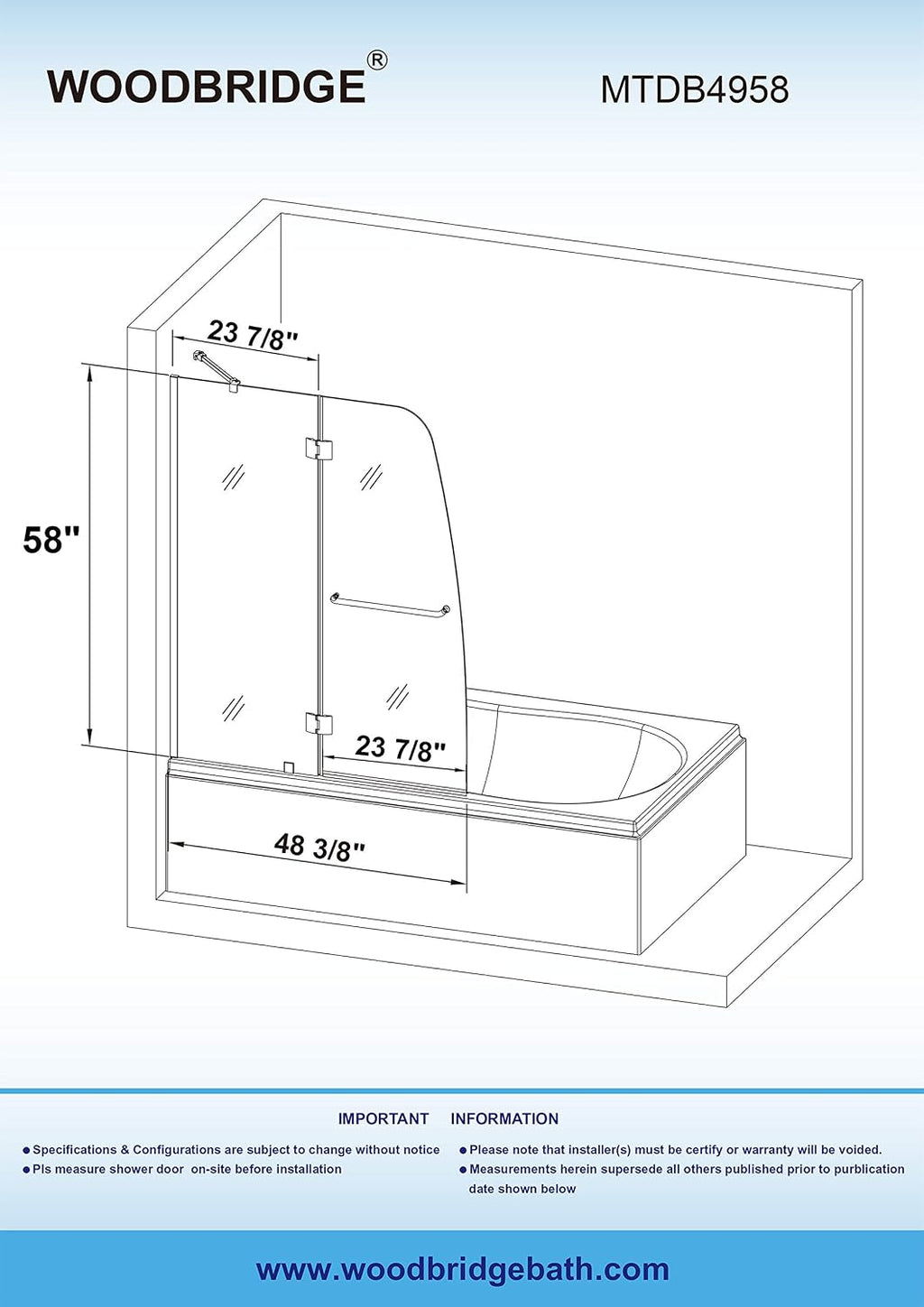 Woodbridge Frameless Hinged Bathtub Shower, 5/16" Tempered Panel, 48" W x 58" H Tub Glass Door in Matte Black Finish, Include Support Bar