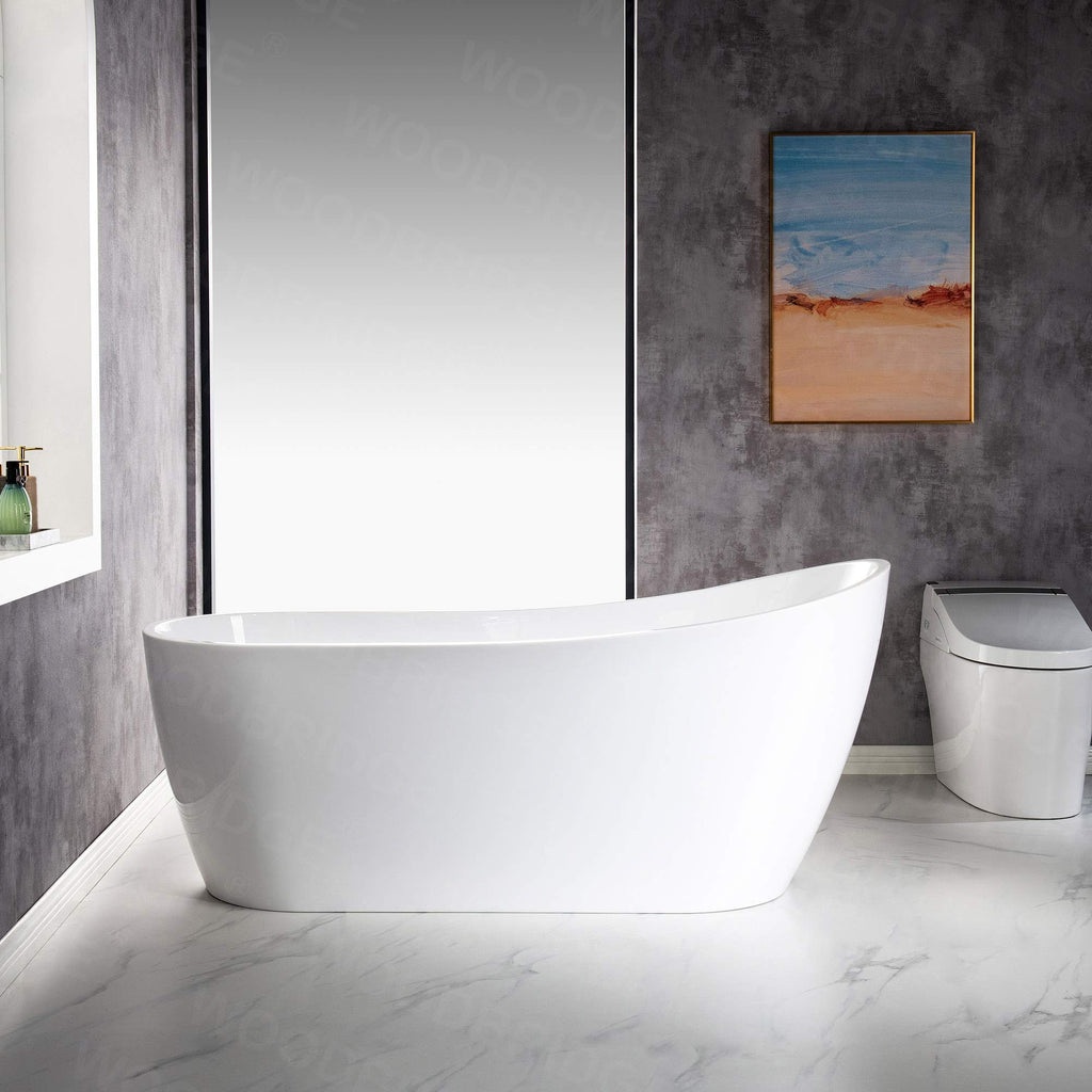 WOODBRIDGE 54"Freestanding White Acylic Soaking Bathtub with Brushed Nickel Drain and Overflow,BTA1507 -B/N-Drain &O