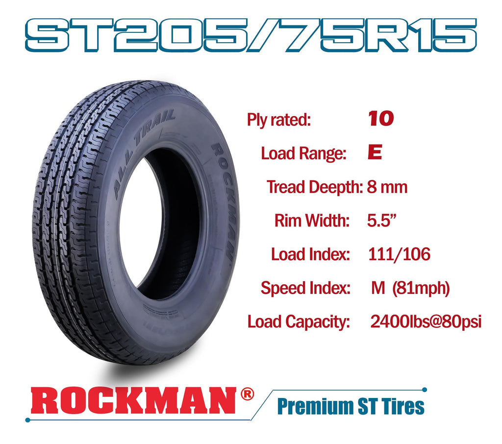 ROCKMAN Trailer Tire ST205/75R15 8-Ply Load Range D 107M Radial 11166, Set4