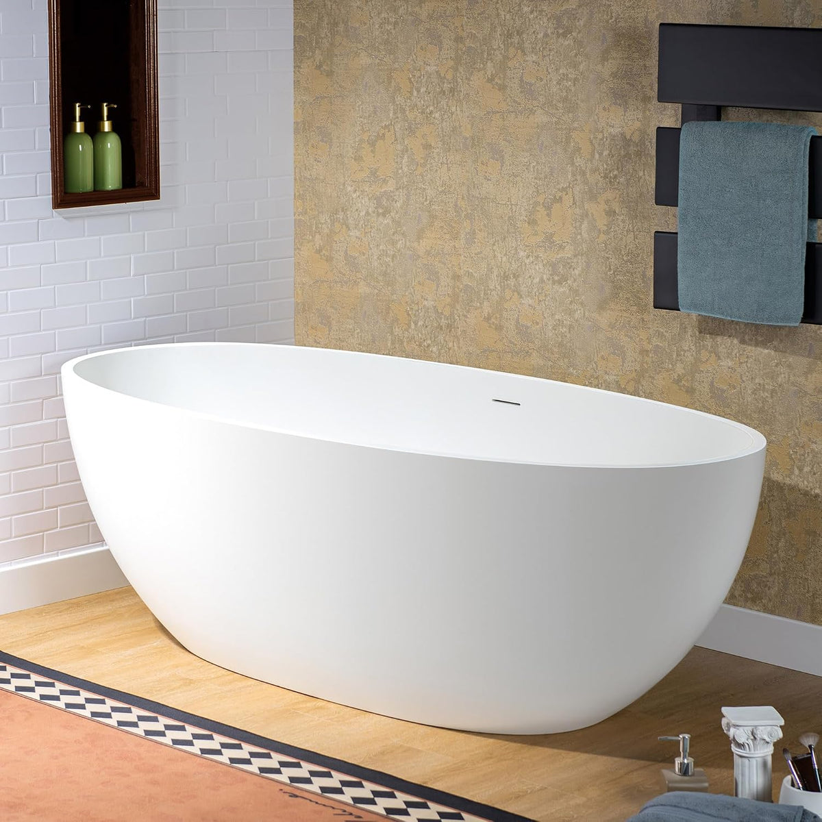 WOODBRIDGE 61" Stone Resin Freestanding Soaking Tub, Modern Oval Solid Surface Bathtub with Integrated Slotted Overflow & Drain, Matte White