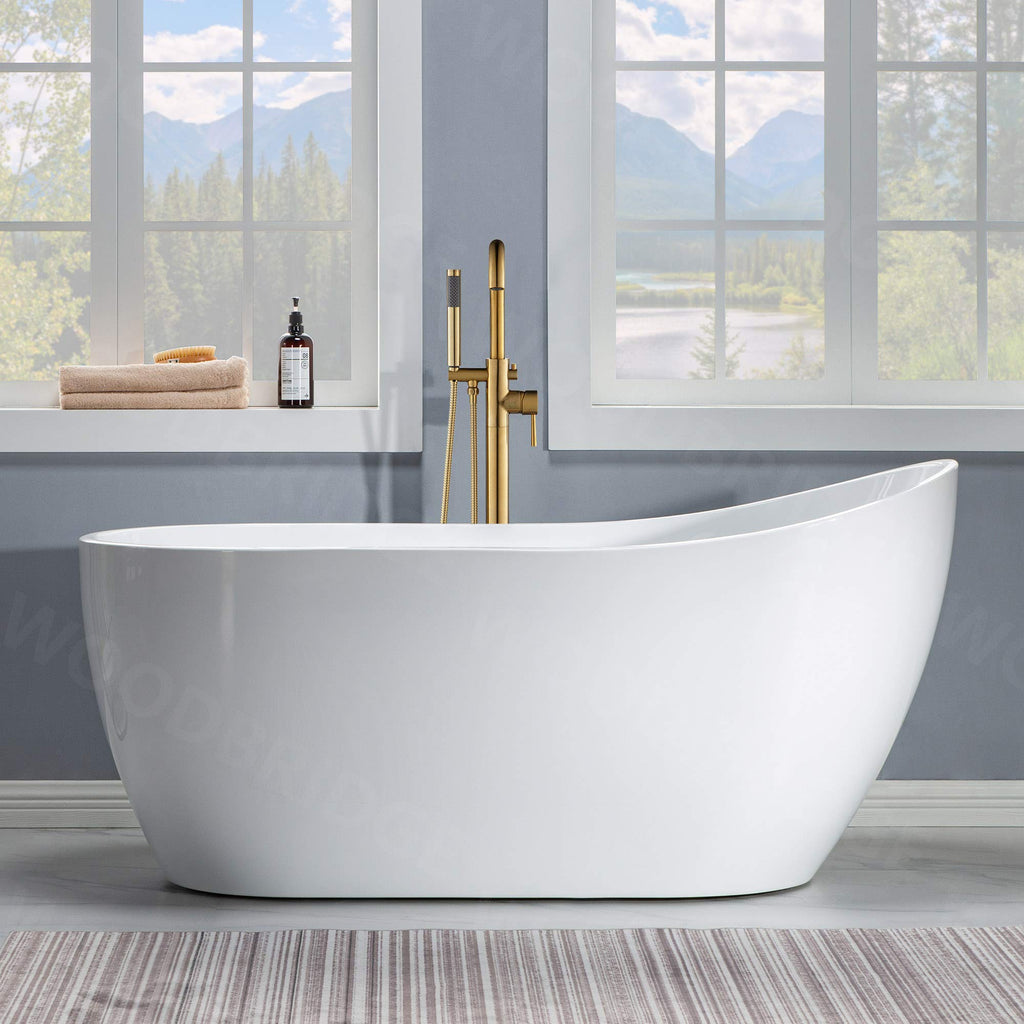WOODBRIDGE 59" Acrylic Freestanding Bathtub Contemporary Soaking White Tub with Brushed Nickel Overflow and Drainï¼B-1530 -B/N-Drain &O