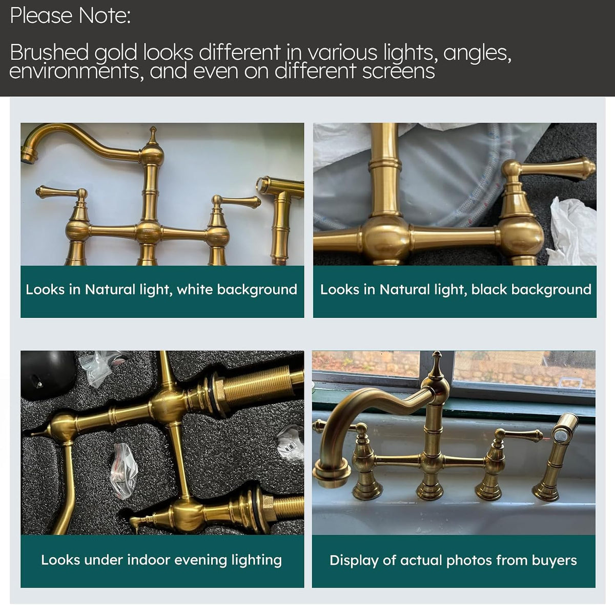 WOWOW Brass Bridge Kitchen Faucet 4 Hole with Side Sprayer, Brushed Gold