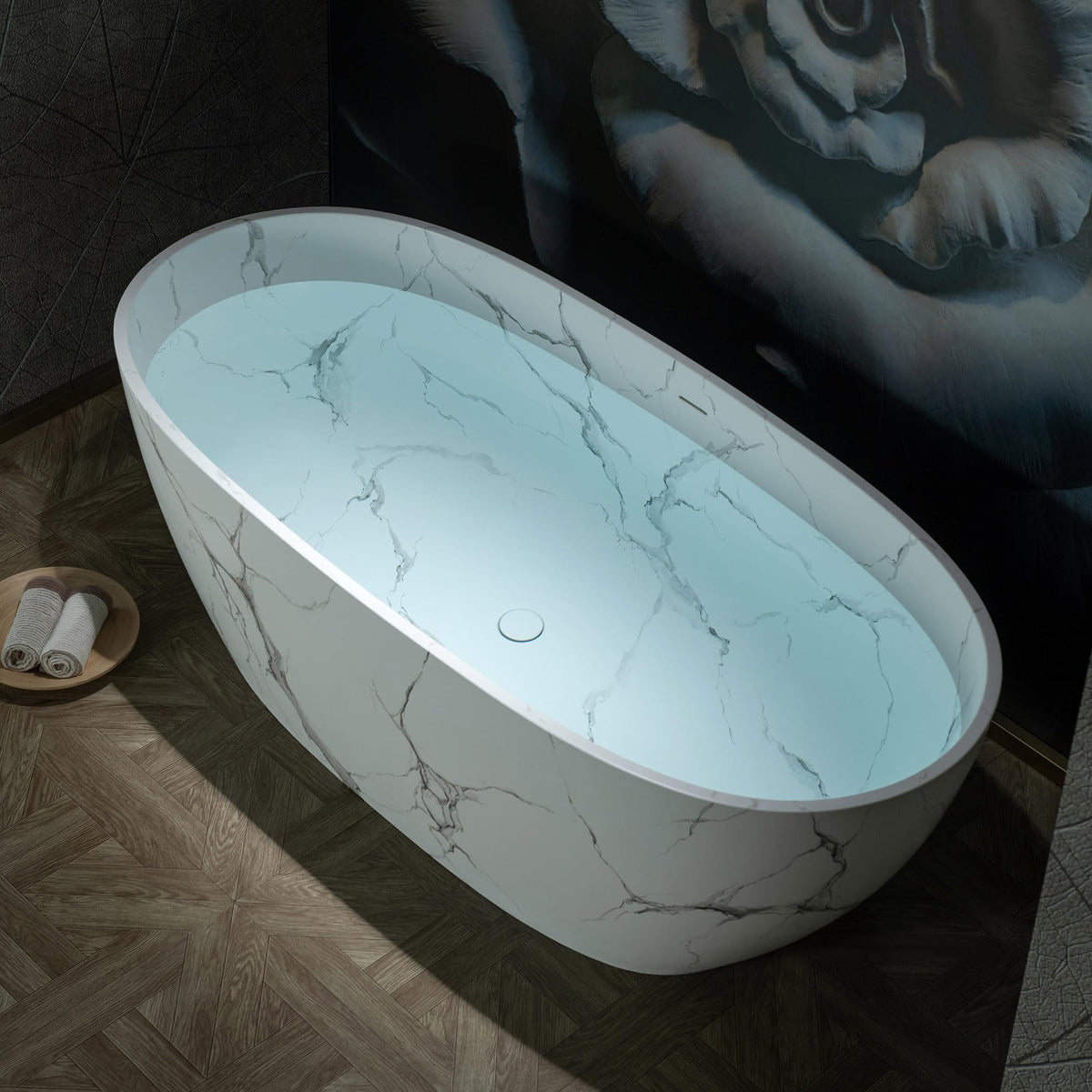 WOODBRIDGE 63" Marble-Pattern Stone Resin Freestanding Soaking Tub, Modern Oval Solid Surface Bathtub with Integrated Slotted Overflow & Drain, Matte Finish, CST0744